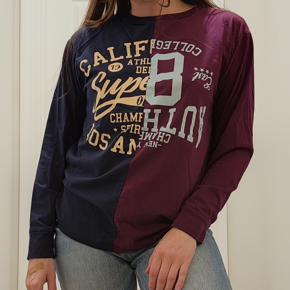 BP Nordstrom Split Color Long Sleeve Graphic Tee Navy Burgundy Varsity Y2K